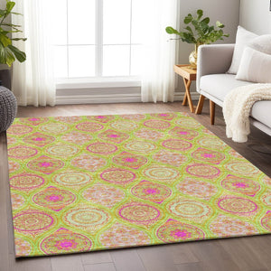 HomeRoots 8' X 10' Vibrant Lime Green, Pink & Ivory Ogee Area Rug - Washable, UV Protected & Stain Resistant! 677092