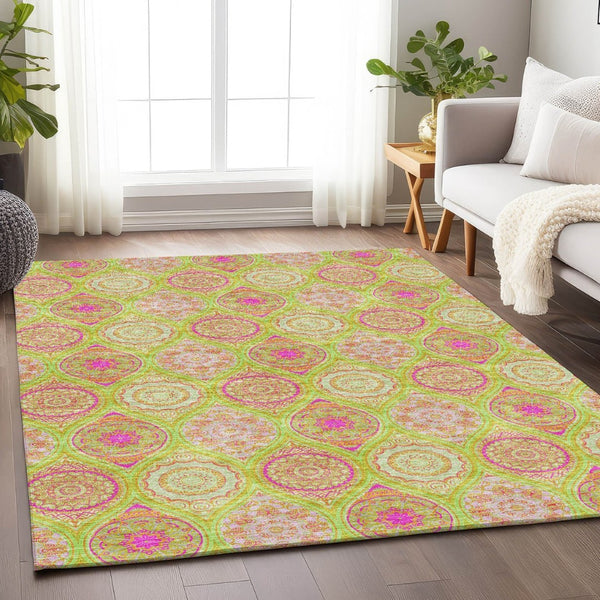 HomeRoots 8' X 10' Vibrant Lime Green, Pink & Ivory Ogee Area Rug - Washable, UV Protected & Stain Resistant! 677092