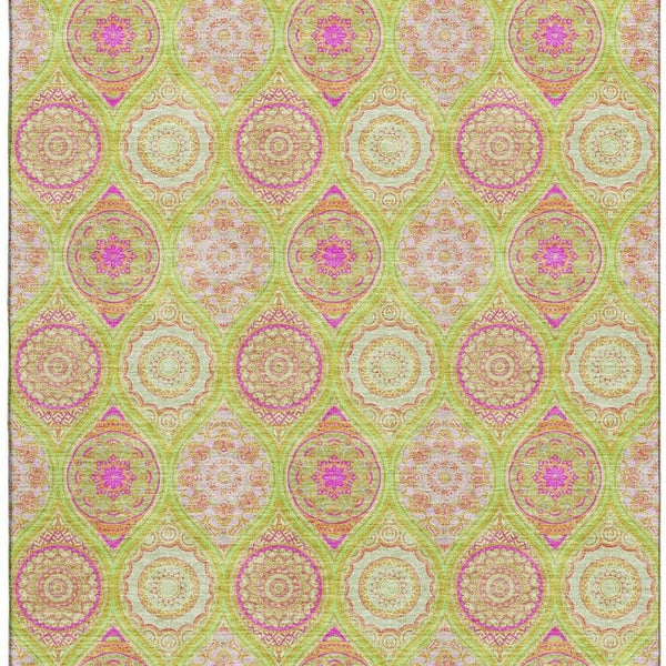 HomeRoots 8' X 10' Vibrant Lime Green, Pink & Ivory Ogee Area Rug - Washable, UV Protected & Stain Resistant! 677092