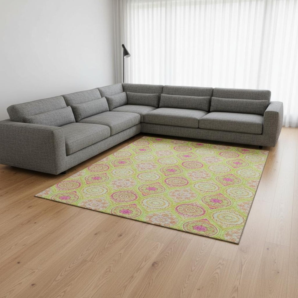 HomeRoots 9' X 12' Vibrant Lime Green, Pink & Ivory Ogee Washable Area Rug with UV Protection for Families 677093