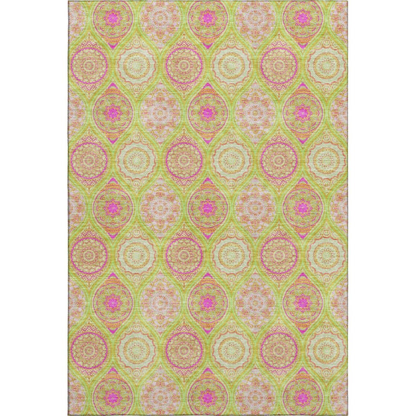 HomeRoots 9' X 12' Vibrant Lime Green, Pink & Ivory Ogee Washable Area Rug with UV Protection for Families 677093