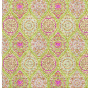 HomeRoots 9' X 12' Vibrant Lime Green, Pink & Ivory Ogee Washable Area Rug with UV Protection for Families 677093