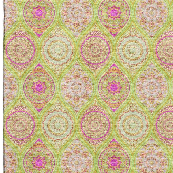 HomeRoots 9' X 12' Vibrant Lime Green, Pink & Ivory Ogee Washable Area Rug with UV Protection for Families 677093