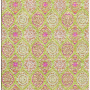 HomeRoots 9' X 12' Vibrant Lime Green, Pink & Ivory Ogee Washable Area Rug with UV Protection for Families 677093