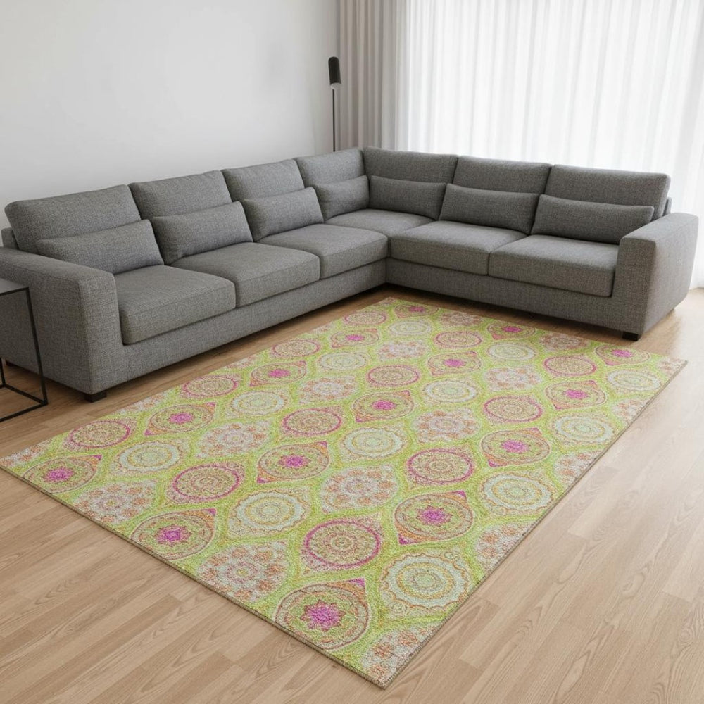 HomeRoots 10' Washable Area Rug in Bold Lime Green, Pink & Ivory Ogee – UV Protected, Stain-Resistant Design! 677094