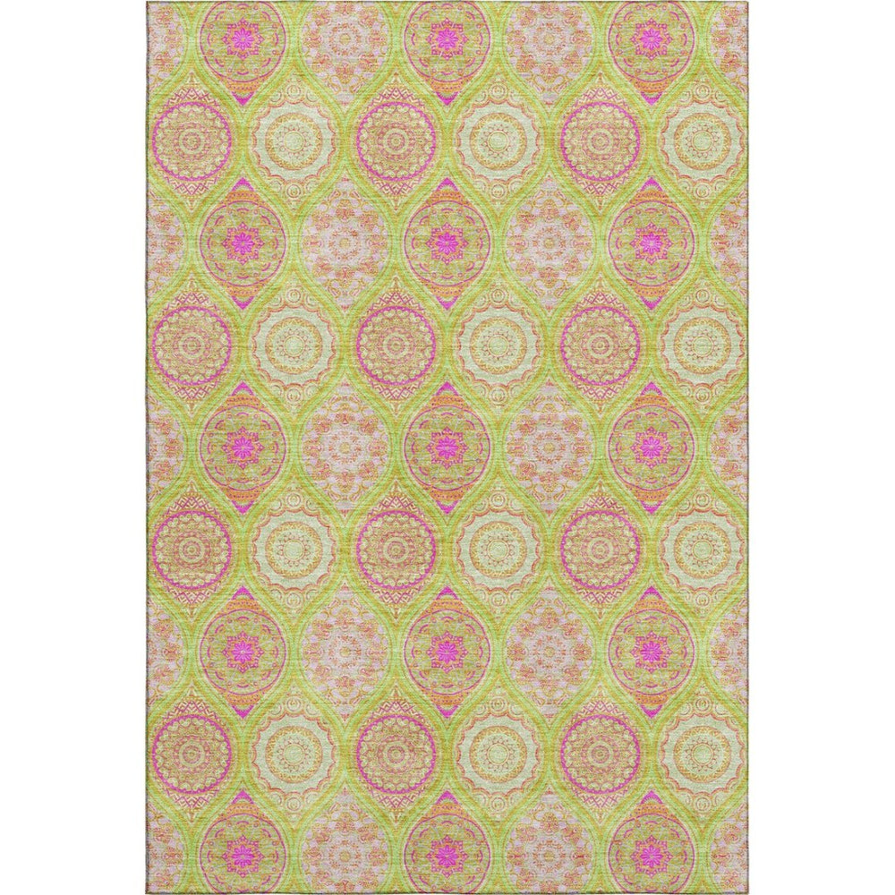HomeRoots 10' Washable Area Rug in Bold Lime Green, Pink & Ivory Ogee – UV Protected, Stain-Resistant Design! 677094