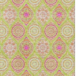 HomeRoots 10' Washable Area Rug in Bold Lime Green, Pink & Ivory Ogee – UV Protected, Stain-Resistant Design! 677094