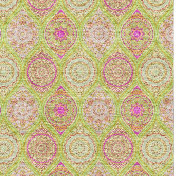 HomeRoots 10' Washable Area Rug in Bold Lime Green, Pink & Ivory Ogee – UV Protected, Stain-Resistant Design! 677094