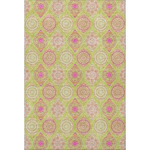 HomeRoots 10' Washable Area Rug in Bold Lime Green, Pink & Ivory Ogee – UV Protected, Stain-Resistant Design! 677094