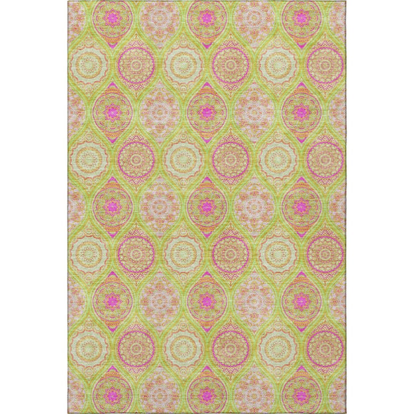 HomeRoots 10' Washable Area Rug in Bold Lime Green, Pink & Ivory Ogee – UV Protected, Stain-Resistant Design! 677094