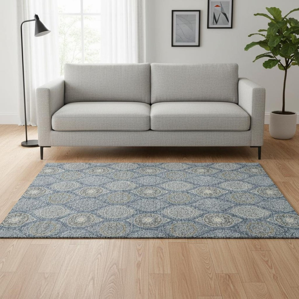 HomeRoots 5' X 8' Navy Blue, Ivory & Taupe Ogee Area Rug – Washable, UV-Protected & Stain-Resistant Design! 677096