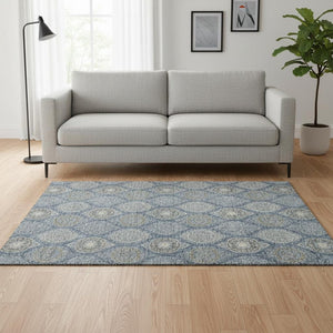 HomeRoots 5' X 8' Navy Blue, Ivory & Taupe Ogee Area Rug – Washable, UV-Protected & Stain-Resistant Design! 677096
