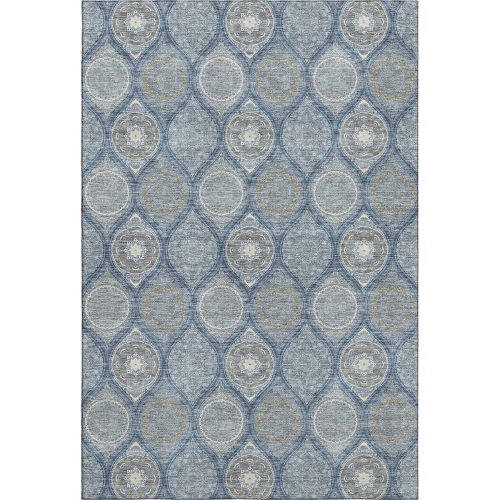 HomeRoots 5' X 8' Navy Blue, Ivory & Taupe Ogee Area Rug – Washable, UV-Protected & Stain-Resistant Design! 677096
