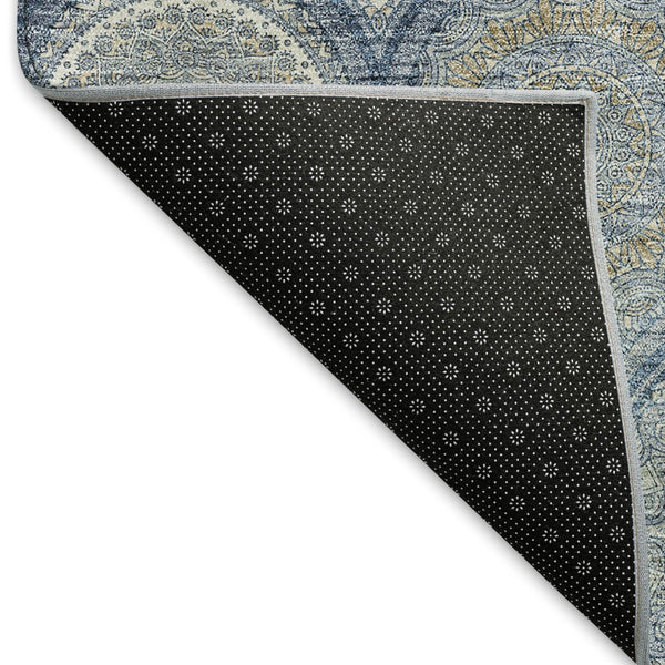 HomeRoots 5' X 8' Navy Blue, Ivory & Taupe Ogee Area Rug – Washable, UV-Protected & Stain-Resistant Design! 677096