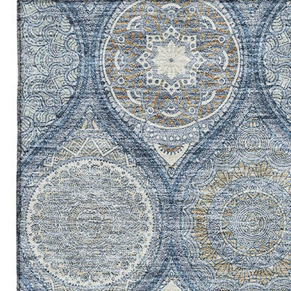 HomeRoots 5' X 8' Navy Blue, Ivory & Taupe Ogee Area Rug – Washable, UV-Protected & Stain-Resistant Design! 677096