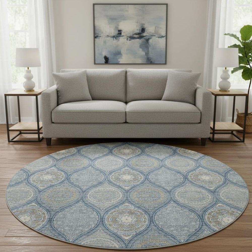 HomeRoots 8' Navy Blue Ivory Taupe Ogee Round Rug - Washable, UV Resistant, Stylish for Any Room Decor 677097