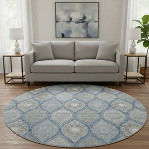 HomeRoots 8' Navy Blue Ivory Taupe Ogee Round Rug - Washable, UV Resistant, Stylish for Any Room Decor 677097