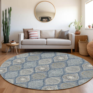HomeRoots 8' Navy Blue Ivory Taupe Ogee Round Rug - Washable, UV Resistant, Stylish for Any Room Decor 677097