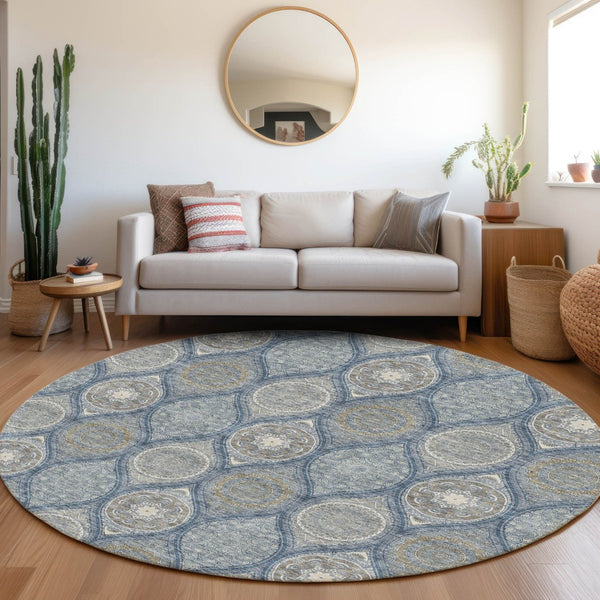 HomeRoots 8' Navy Blue Ivory Taupe Ogee Round Rug - Washable, UV Resistant, Stylish for Any Room Decor 677097