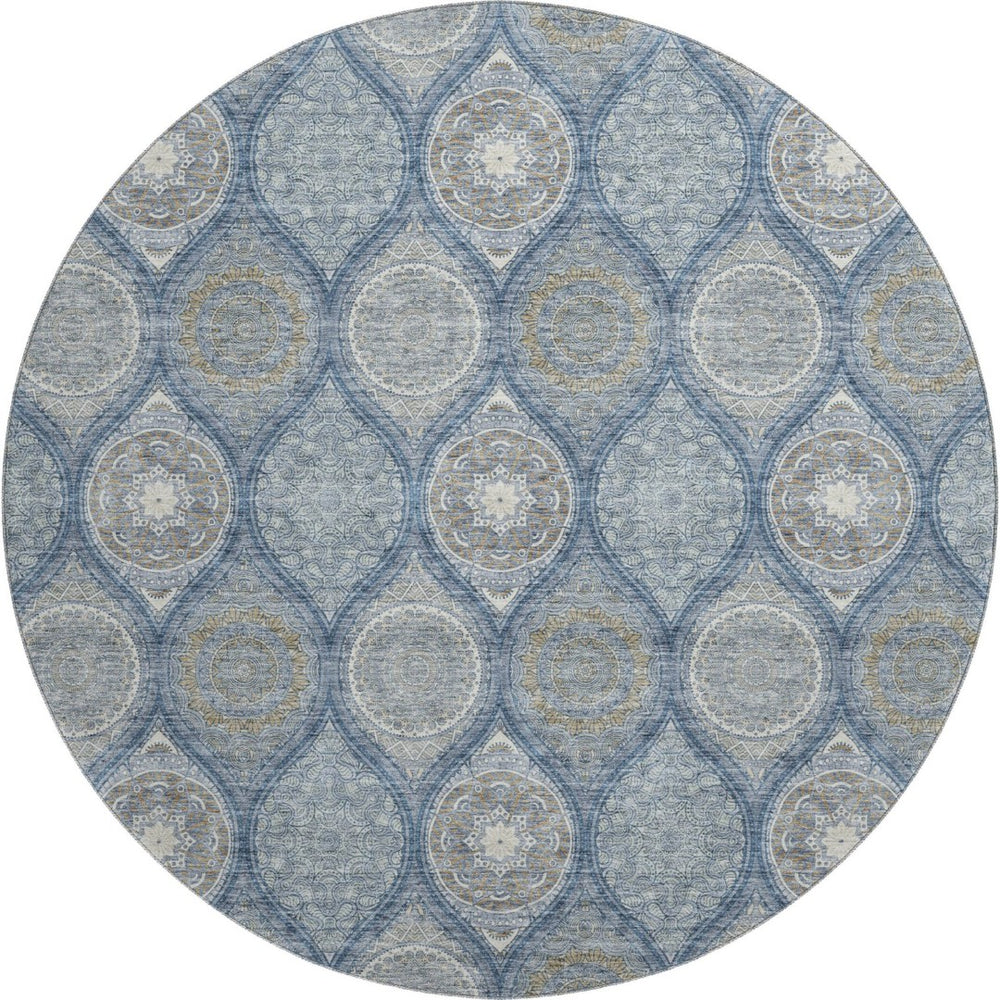 HomeRoots 8' Navy Blue Ivory Taupe Ogee Round Rug - Washable, UV Resistant, Stylish for Any Room Decor 677097