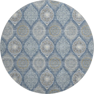 HomeRoots 8' Navy Blue Ivory Taupe Ogee Round Rug - Washable, UV Resistant, Stylish for Any Room Decor 677097