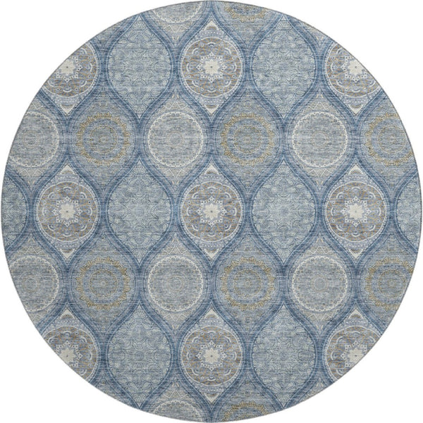 HomeRoots 8' Navy Blue Ivory Taupe Ogee Round Rug - Washable, UV Resistant, Stylish for Any Room Decor 677097