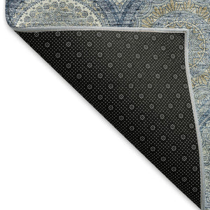 HomeRoots 8' Navy Blue Ivory Taupe Ogee Round Rug - Washable, UV Resistant, Stylish for Any Room Decor 677097