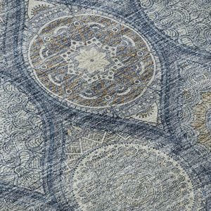 HomeRoots 8' Navy Blue Ivory Taupe Ogee Round Rug - Washable, UV Resistant, Stylish for Any Room Decor 677097