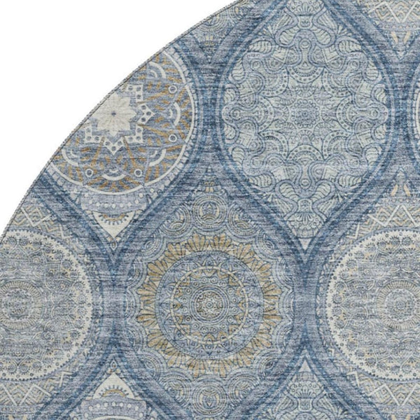 HomeRoots 8' Navy Blue Ivory Taupe Ogee Round Rug - Washable, UV Resistant, Stylish for Any Room Decor 677097