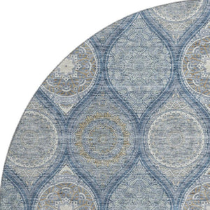 HomeRoots 8' Navy Blue Ivory Taupe Ogee Round Rug - Washable, UV Resistant, Stylish for Any Room Decor 677097