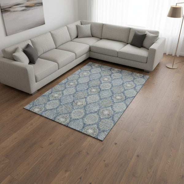 HomeRoots 8' X 10' Ogee Pattern Area Rug in Navy Blue, Ivory & Taupe - Washable, UV Protected & Stylish 677098