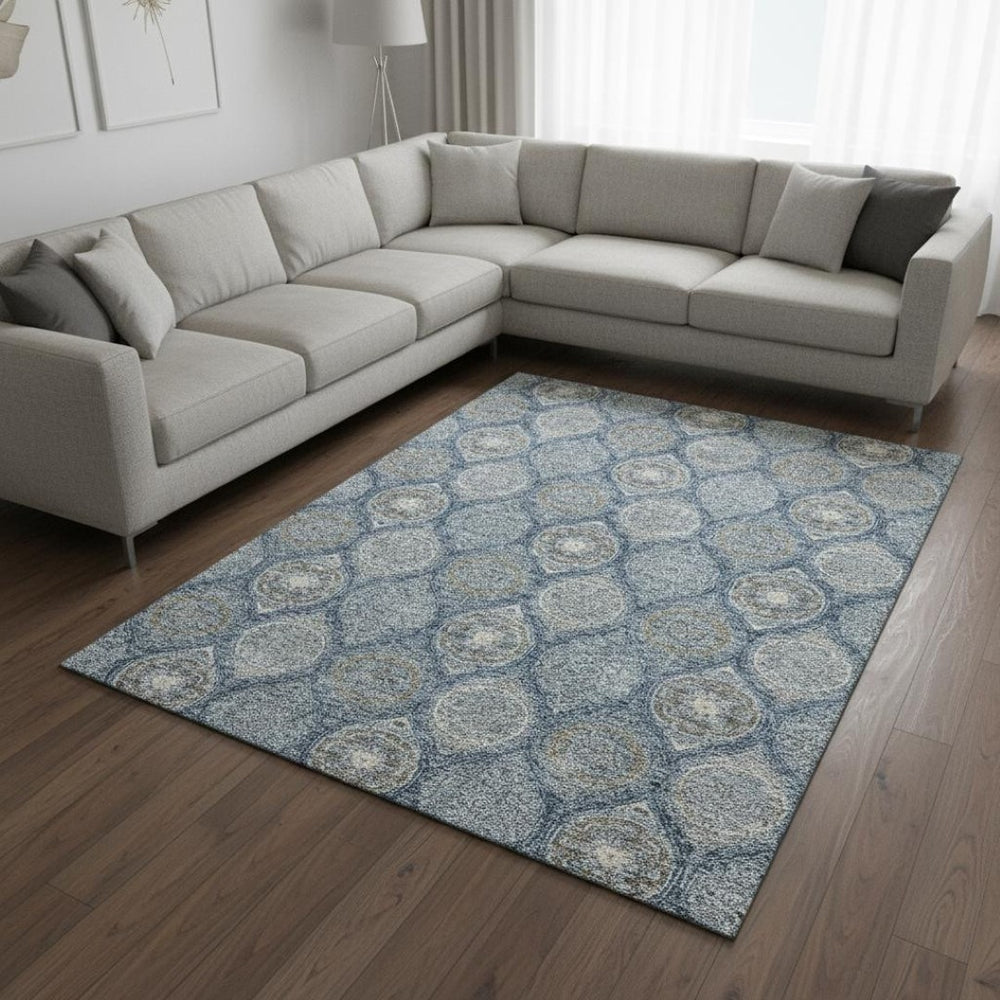 HomeRoots 9' Ogee Washable Area Rug in Navy Blue, Ivory & Taupe - UV Protected, Stain-Resistant Design for Homes 677099