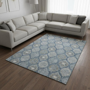 HomeRoots 9' Ogee Washable Area Rug in Navy Blue, Ivory & Taupe - UV Protected, Stain-Resistant Design for Homes 677099