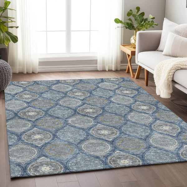HomeRoots 9' Ogee Washable Area Rug in Navy Blue, Ivory & Taupe - UV Protected, Stain-Resistant Design for Homes 677099