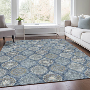 HomeRoots 9' Ogee Washable Area Rug in Navy Blue, Ivory & Taupe - UV Protected, Stain-Resistant Design for Homes 677099