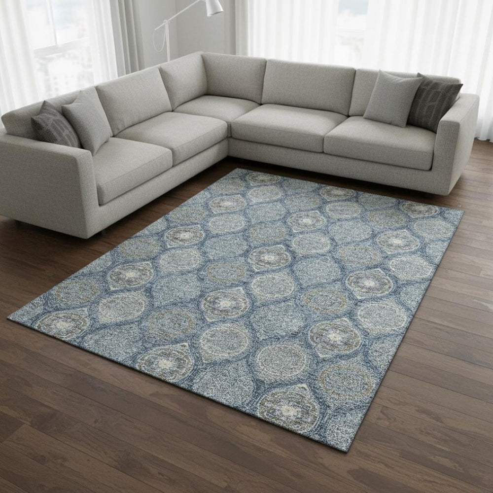 HomeRoots 10' X 14' Navy Blue, Ivory & Taupe Ogee Washable Area Rug - Durable, Stain-Resistant, UV-Protected! 677100
