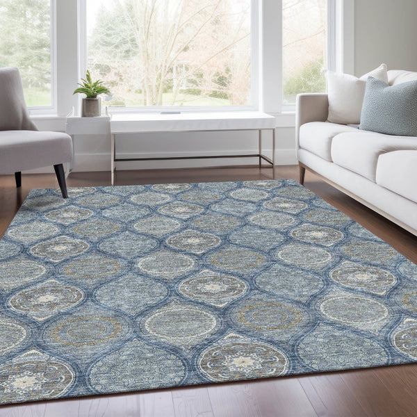 HomeRoots 10' X 14' Navy Blue, Ivory & Taupe Ogee Washable Area Rug - Durable, Stain-Resistant, UV-Protected! 677100