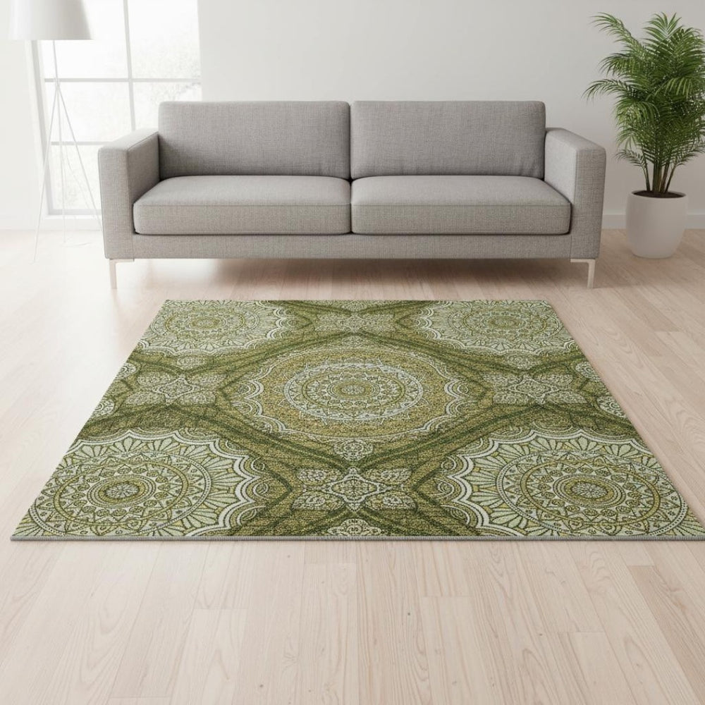 HomeRoots 5' Ogee Area Rug in Olive Green, Gold & Ivory - Washable, UV Protected, Stain Resistant & Stylish! 677102