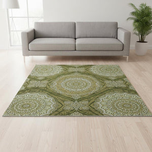 HomeRoots 5' Ogee Area Rug in Olive Green, Gold & Ivory - Washable, UV Protected, Stain Resistant & Stylish! 677102