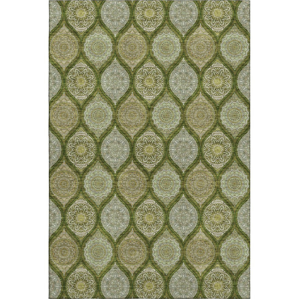 HomeRoots 5' Ogee Area Rug in Olive Green, Gold & Ivory - Washable, UV Protected, Stain Resistant & Stylish! 677102
