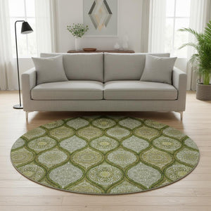 HomeRoots 8' Olive Green Ogee Washable Round Rug with UV Protection - Stain-Resistant, Family-Friendly Design 677103