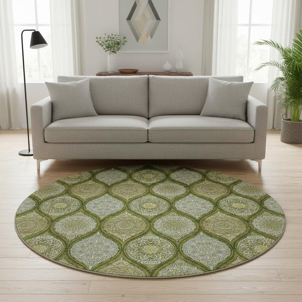 HomeRoots 8' Olive Green Ogee Washable Round Rug with UV Protection - Stain-Resistant, Family-Friendly Design 677103