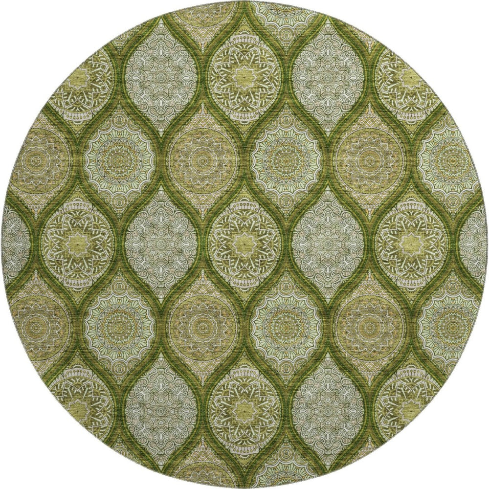 HomeRoots 8' Olive Green Ogee Washable Round Rug with UV Protection - Stain-Resistant, Family-Friendly Design 677103