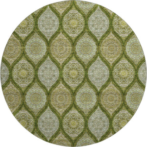 HomeRoots 8' Olive Green Ogee Washable Round Rug with UV Protection - Stain-Resistant, Family-Friendly Design 677103