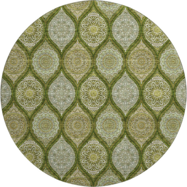 HomeRoots 8' Olive Green Ogee Washable Round Rug with UV Protection - Stain-Resistant, Family-Friendly Design 677103