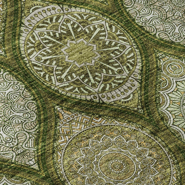 HomeRoots 8' Olive Green Ogee Washable Round Rug with UV Protection - Stain-Resistant, Family-Friendly Design 677103