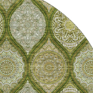 HomeRoots 8' Olive Green Ogee Washable Round Rug with UV Protection - Stain-Resistant, Family-Friendly Design 677103