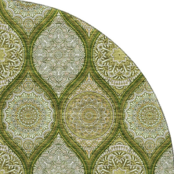 HomeRoots 8' Olive Green Ogee Washable Round Rug with UV Protection - Stain-Resistant, Family-Friendly Design 677103