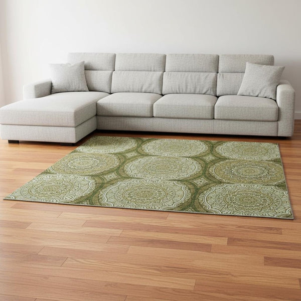HomeRoots 8' X 10' Elegant Olive Green and Gold Ogee Washable Area Rug with UV Protection for Everyday Use 677104