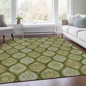 HomeRoots 8' X 10' Elegant Olive Green and Gold Ogee Washable Area Rug with UV Protection for Everyday Use 677104